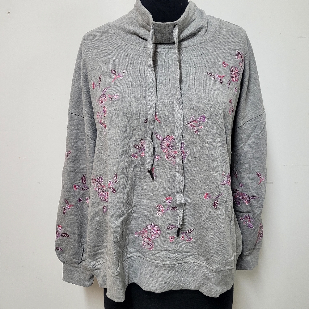 New! Democracy Embroidered Gray Sweatshirt, Funnel / Cowl Neck